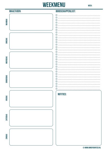 Weekmenu Planner met ruimte voor maaltijdplanning, boodschappenlijst en notities - printbare maaltijdplanner voor een georganiseerde week.